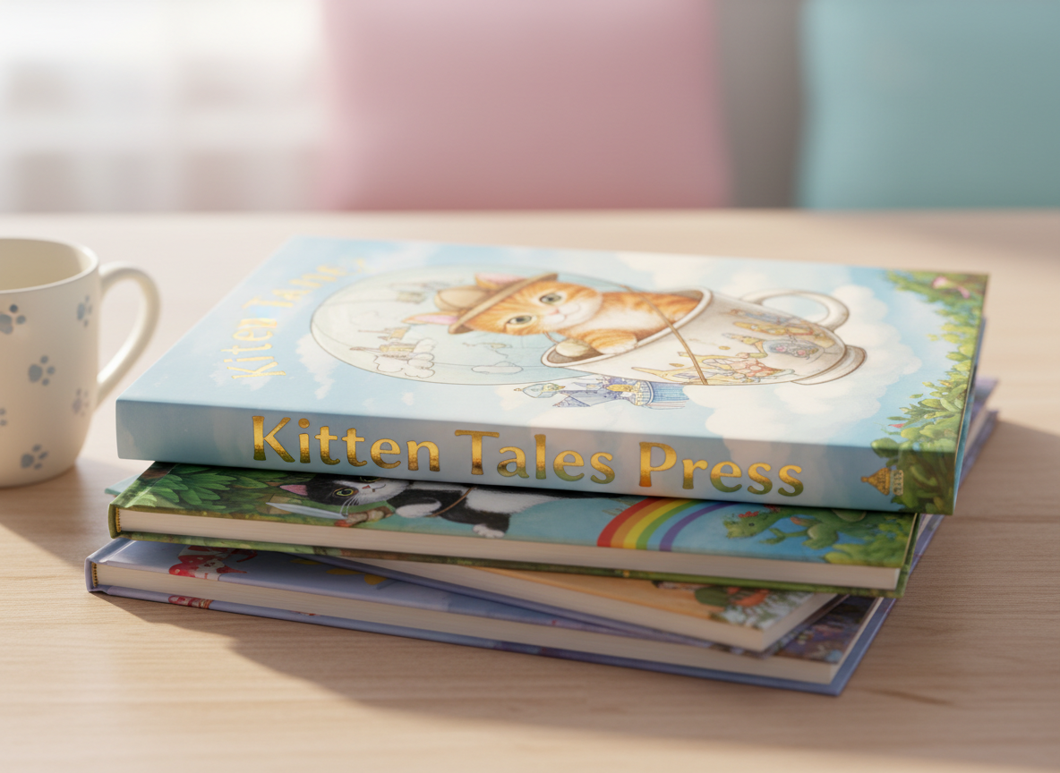 A stack of whimsical children’s books with slightly oversized, glossy hardcovers, each featuring vibrant illustrations of adventurous kittens in fantastical settings. The books are arranged in a loose, playful pile on a pale wooden tabletop, next to a small ceramic mug decorated with tiny painted pawprints. Soft morning sunlight filters in from an unseen window, creating gentle reflections on the laminated covers and casting faint, cozy shadows. Shot at eye level with a shallow depth of field, the front book title “Kitten Tales Press” is in crisp focus while the background softly blurs into pastel colors. The photographic realism emphasizes rich textures and a warm, inviting mood that suggests imaginative storytelling and curiosity.