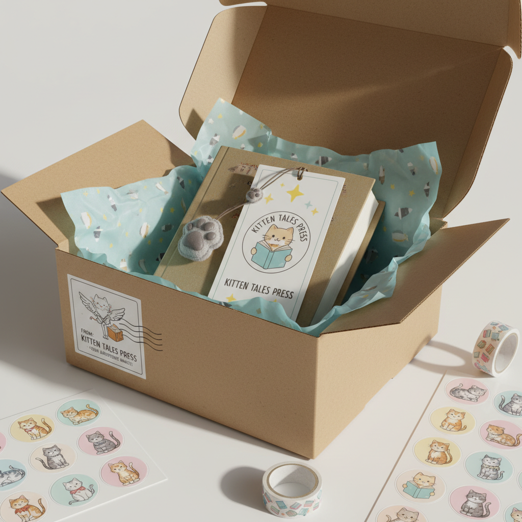 A charming, cat-themed book mailer ready to ship from a children’s publisher: a sturdy kraft cardboard box on a clean white tabletop, its lid open to reveal a neatly wrapped hardcover book in pastel tissue paper printed with tiny fish and stars. A custom “Kitten Tales Press” bookmark with a dangling felt paw charm rests on top. Around the box lie sheets of branded stickers featuring curious kittens, a roll of washi tape with tiny books, and a postage label with a whimsical logo. Soft studio lighting from the right casts gentle, directional shadows, giving depth and a tactile feel. Photographic realism, three-quarter angle composition, evoking delight, anticipation, and the joy of receiving a magical story in the mail.