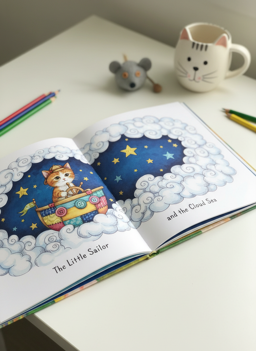 An open children’s picture book lying flat on a smooth white desk, its glossy pages revealing a double-spread illustration of a tiny, brave kitten sailing a patchwork boat across a sky made of clouds and stars. Around the book are scattered colored pencils, a small plush mouse toy, and a mug shaped like a cat’s face, all slightly out of focus. Diffused daylight from the side creates soft, even illumination, highlighting the ink lines and saturated colors of the artwork. Photographic realism with a slightly elevated angle, using rule-of-thirds composition to center the open spread. The mood is playful, magical, and gently inspiring, evoking the moment a new story comes to life.