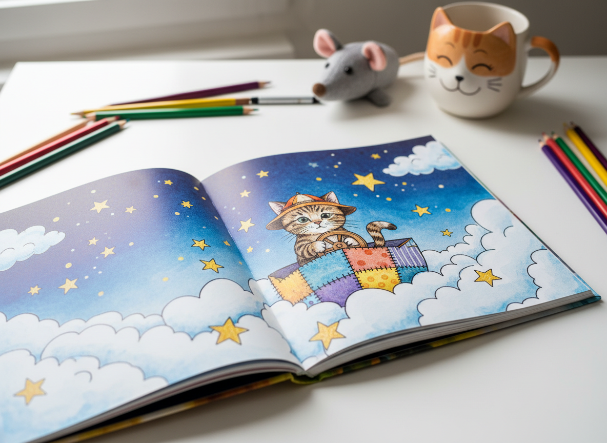 An open children’s picture book lying flat on a smooth white desk, its glossy pages revealing a double-spread illustration of a tiny, brave kitten sailing a patchwork boat across a sky made of clouds and stars. Around the book are scattered colored pencils, a small plush mouse toy, and a mug shaped like a cat’s face, all slightly out of focus. Diffused daylight from the side creates soft, even illumination, highlighting the ink lines and saturated colors of the artwork. Photographic realism with a slightly elevated angle, using rule-of-thirds composition to center the open spread. The mood is playful, magical, and gently inspiring, evoking the moment a new story comes to life.