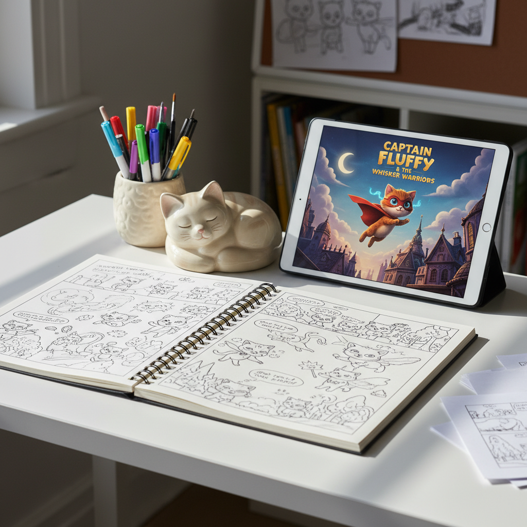A tidy publisher’s workspace designed entirely around whimsical cat-themed storytelling: a sleek white desk holds a large, open sketchbook filled with thumbnail layouts of kitten characters, speech bubbles, and fantastical backgrounds. Beside it sits a tablet displaying a full-color book cover mockup featuring a caped kitten superhero leaping across rooftops. A ceramic pencil holder shaped like a curled-up cat is filled with vibrant markers and pens. Natural daylight streams from a nearby window, creating clean, bright highlights on the tablet screen and gentle shadows under the stationery. Photographic realism, captured from a slightly elevated three-quarter angle, with sharp focus throughout. The scene feels creative, organized, and playfully professional, communicating the behind-the-scenes world of a children’s book publisher.