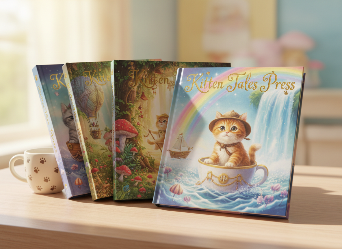 A stack of whimsical children’s books with slightly oversized, glossy hardcovers, each featuring vibrant illustrations of adventurous kittens in fantastical settings. The books are arranged in a loose, playful pile on a pale wooden tabletop, next to a small ceramic mug decorated with tiny painted pawprints. Soft morning sunlight filters in from an unseen window, creating gentle reflections on the laminated covers and casting faint, cozy shadows. Shot at eye level with a shallow depth of field, the front book title “Kitten Tales Press” is in crisp focus while the background softly blurs into pastel colors. The photographic realism emphasizes rich textures and a warm, inviting mood that suggests imaginative storytelling and curiosity.