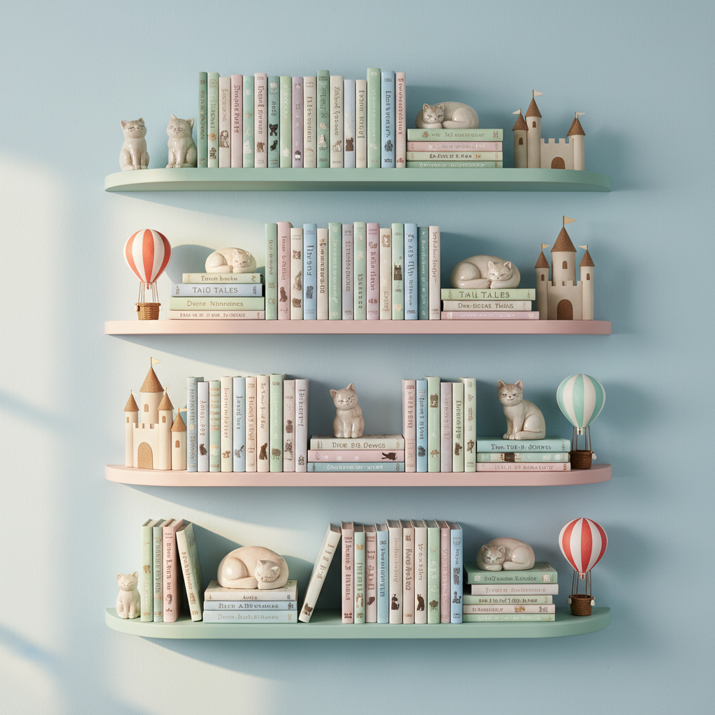 An imaginative bookshelf styled as if designed for story-loving kittens: short, pastel-painted wooden shelves mounted against a pale sky-blue wall, each shelf holding colorful children’s books whose spines display tiny kitten silhouettes, stars, and whimsical fonts. Between the books, small ceramic cats, paper hot-air balloons, and tiny cardboard castles create a playful rhythm. Gentle afternoon light washes across the scene from the left, creating soft highlights on the glossy spines and mild shadows that reveal depth. Photographic realism, shot straight-on at shelf height with sharp focus and a clean, modern composition. The atmosphere is cheerful, organized, and slightly magical, perfectly suited to showcasing a children’s publisher’s catalog section.
