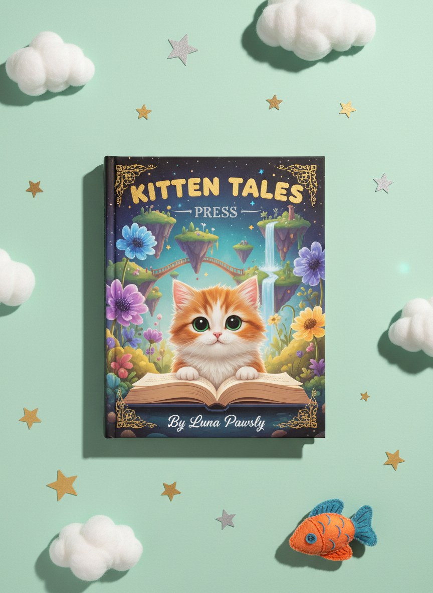 A close-up of a whimsical book-cover flat lay designed for “Kitten Tales Press”: a single hardcover children’s book centered on a pale mint background, its dust jacket illustration showing a curious kitten peeking out of a storybook portal into a world of floating islands and giant flowers. Around the book, small 3D props echo the cover art—miniature cardboard clouds, paper-cut stars, and a tiny felt fish. Soft studio lighting from both sides creates even illumination, with subtle shadows that add depth without harshness. Photographic realism with a straight-down, bird’s-eye view composition, crisp focus across the frame. The mood is vibrant, polished, and playful, emphasizing brand identity and a love for the unexpected in children’s storytelling.