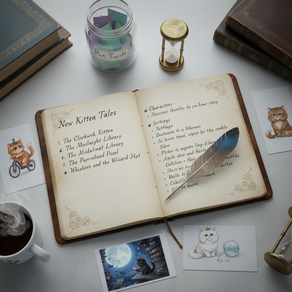 A magical “story laboratory” desktop where new kitten tales are invented: an open notebook with neat, handwritten story titles like “The Clockwork Kitten” and “The Moonlight Library,” surrounded by scattered index cards illustrating key scenes with tiny, full-color kitten sketches. A glass jar labeled “Plot Twists” holds folded pastel paper slips, and a small hourglass with sand shaped like tiny pawprints sits nearby. Cool, diffused overcast light from above creates minimal shadows and emphasizes the textures of paper and ink. Photographic realism, captured from an overhead angle with selective focus on the notebook’s center. The mood is inventive, playful, and gently mysterious, hinting at the publisher’s love for imaginative and unexpected narratives.